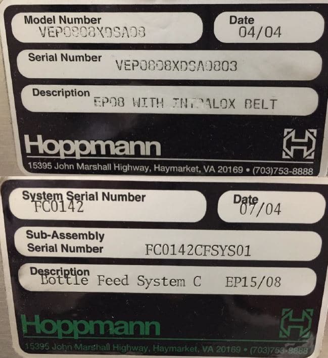 Used Hoppmann bottle unscrambler model FS30 with centrifugal bowl and elevating prefeeder model EP15