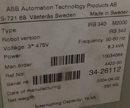 Lot of x2 ABB robots type IRB340 with controller and robot support.